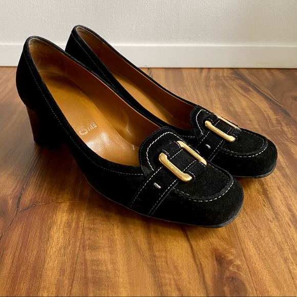 Ferragamo Suede Heels with Gold Hardware - Picture 6 of 10